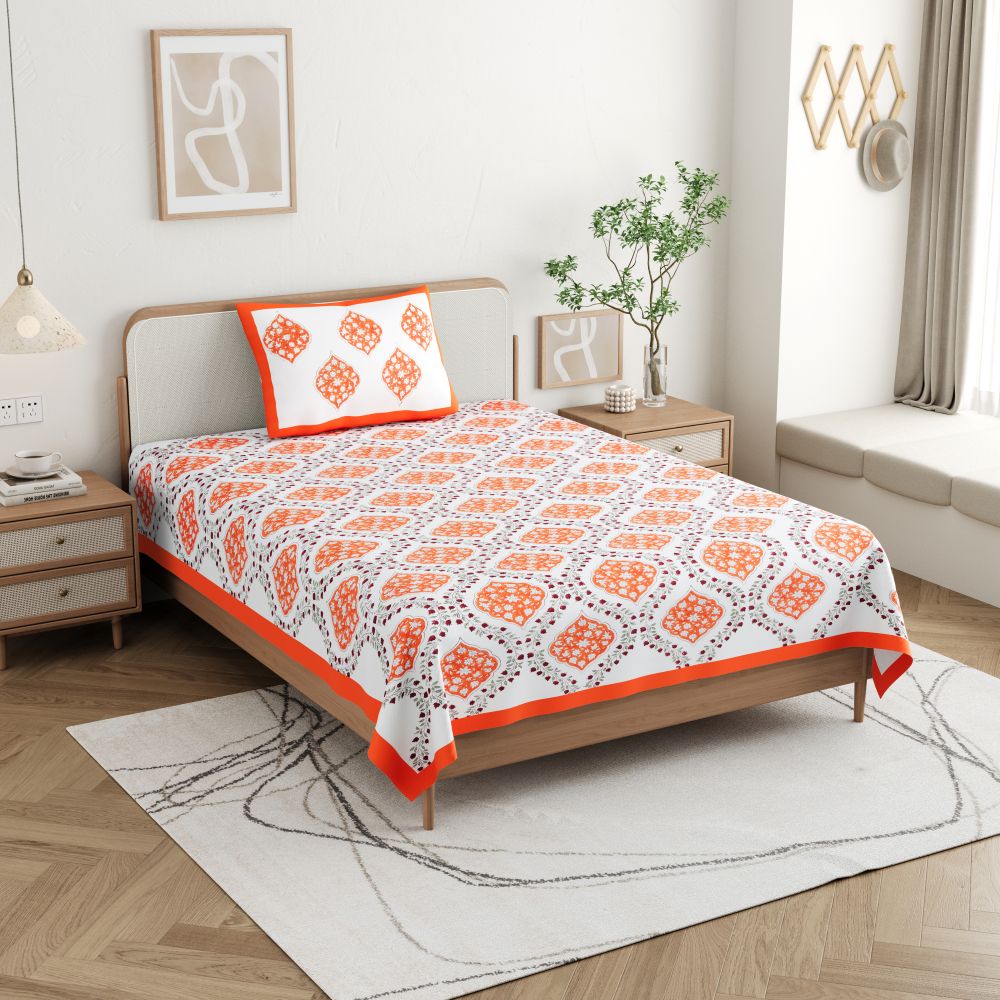 An image showing Somyariti 100% Cotton Twin Bedsheet Set with Hand Block Print draped on a bed in a spacious and well lit bedroom.